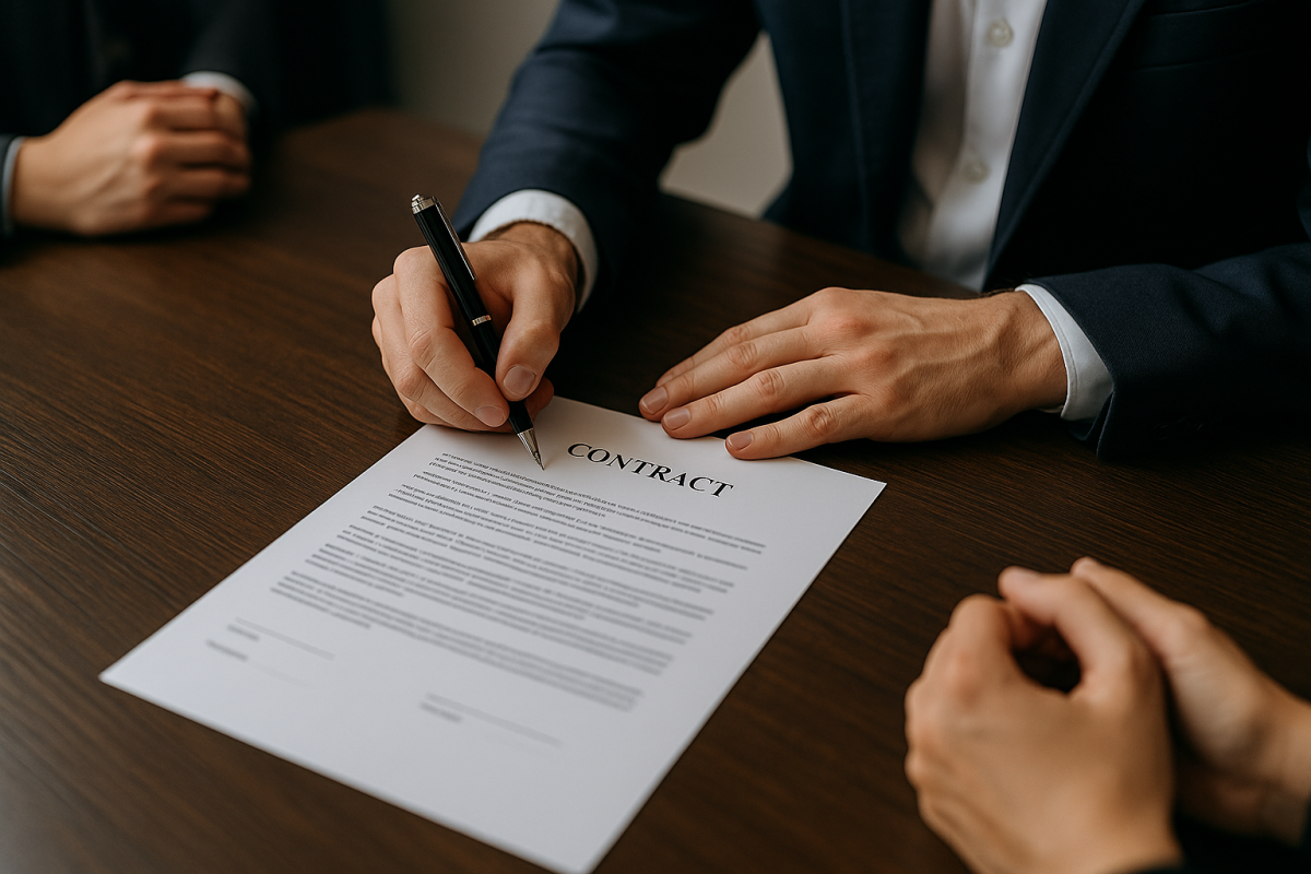 Pessoa assinando um contrato sobre uma mesa de madeira, representando a formalização de contratos no processo de gestão de contrato e licitações.